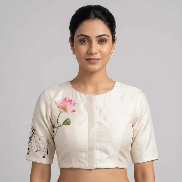 White_Tussar_Silk_Pichwai_Print_Ethnic_Blouse_For_Women