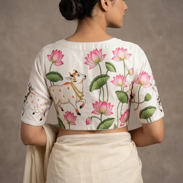 White_Tussar_Silk_Pichwai_Print_Ethnic_Blouse_For_Women
