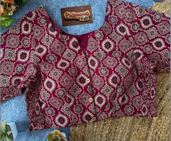 Maroon_Cotton_Lycra_Block-Print_V-Neck_Blouse_For_Women