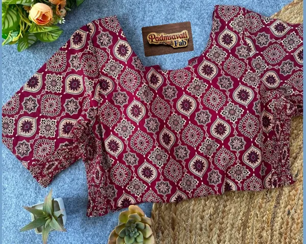 Maroon_Cotton_Lycra_Block-Print_V-Neck_Blouse_For_Women
