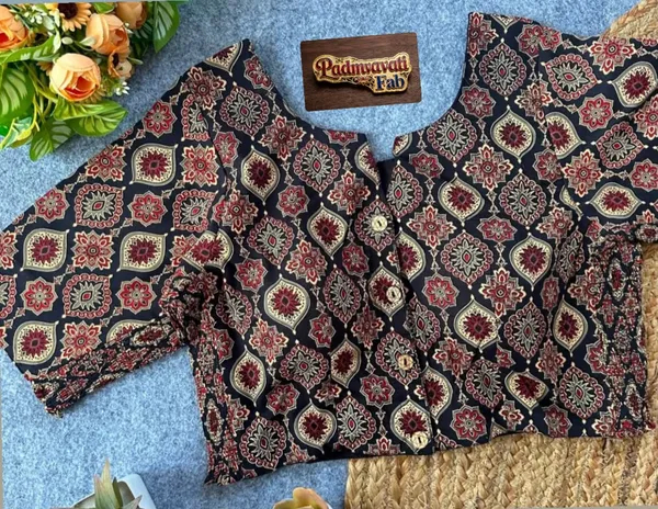 Black_Cotton_Lycra_Block-Print_V-Neck_Blouse_For_Women