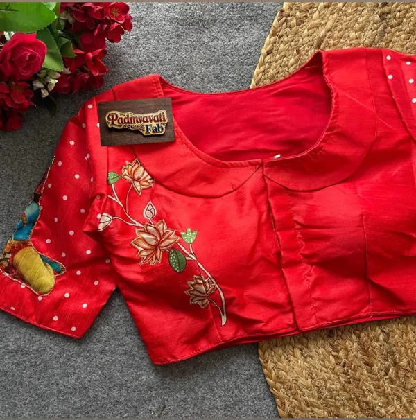 Red_Cotton_Hand-Painted_Festive_Blouse_For_Women