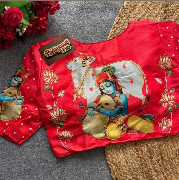 Red_Cotton_Hand-Painted_Festive_Blouse_For_Women