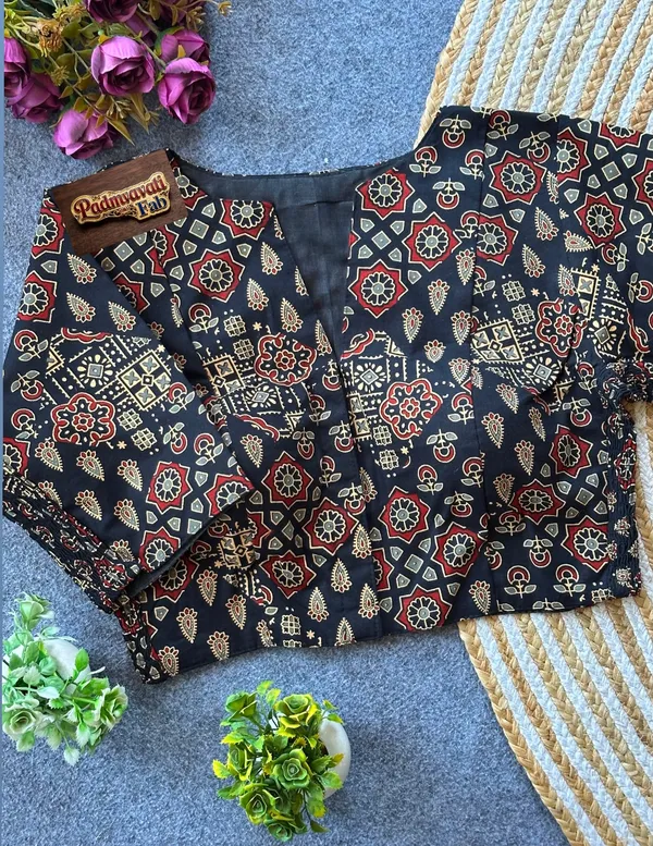 Black_Poly-Cotton_Smocked_Geometric_Print_Blouse_For_Women
