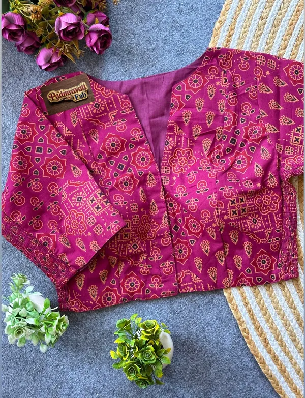 Wine_Poly-Cotton_Smocked_Geometric_Print_Blouse_For_Women