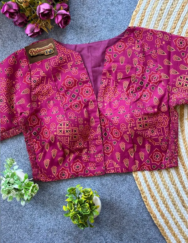 Wine_Poly-Cotton_Smocked_Geometric_Print_Blouse_For_Women