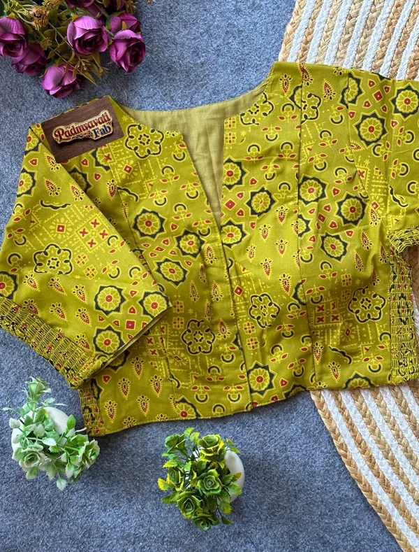 Green_Poly-Cotton_Smocked_Geometric_Print_Blouse_For_Women