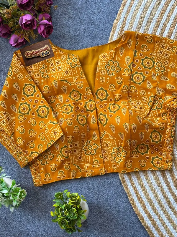 Yellow_Poly-Cotton_Smocked_Geometric_Print_Blouse_For_Women