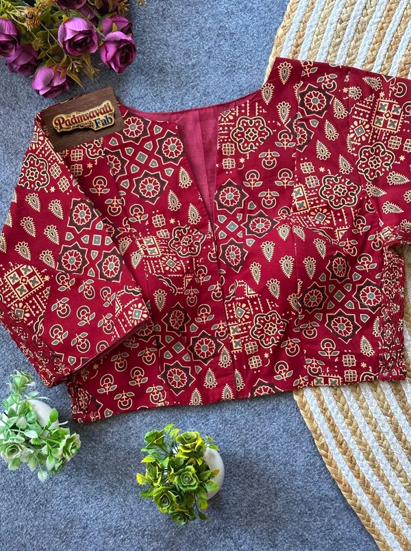 Maroon_Poly-Cotton_Smocked_Geometric_Print_Blouse_For_Women