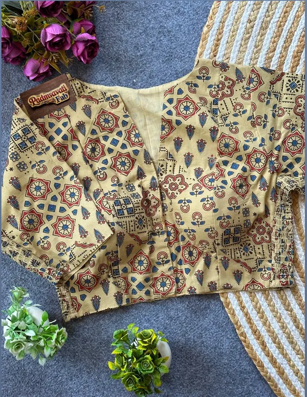 Cream_Polyester_Cotton_Geometric_Print_Smocked_Blouse_For_Women