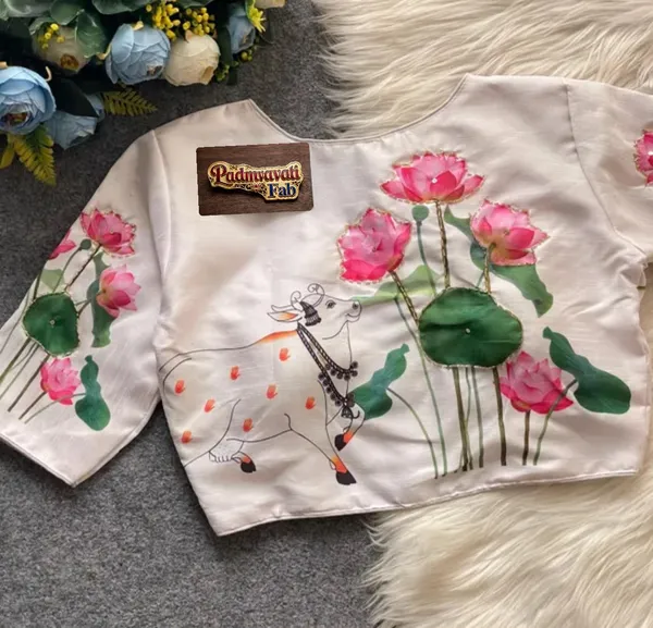 White_Tussar_Silk_Pichwai_Print_Ethnic_Blouse_For_Women