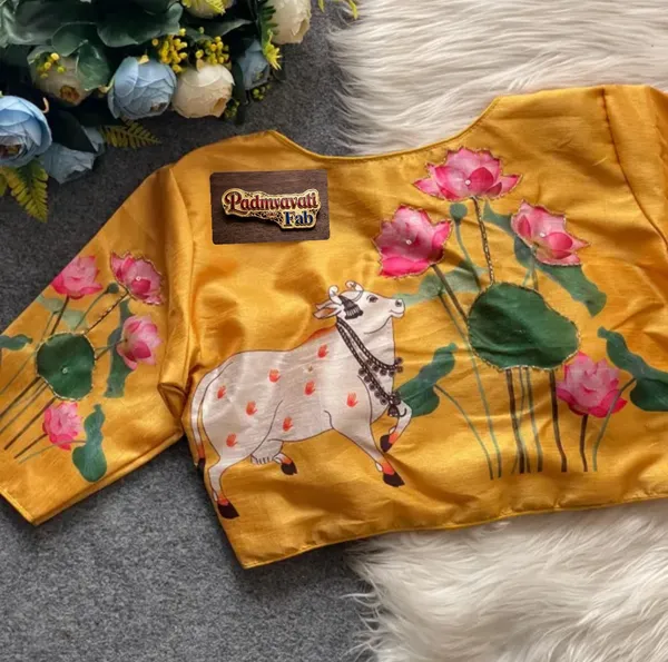 Yellow_Tussar_Silk_Pichwai_Print_Ethnic_Blouse_For_Women