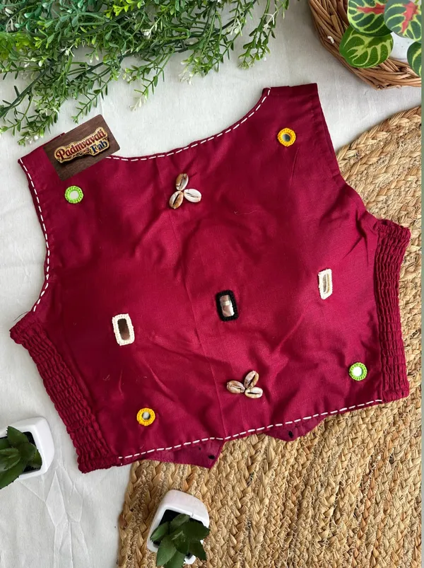 Maroon_Cotton_Sleeveless_Mirror_Work_Vest_Blouse_For_Women