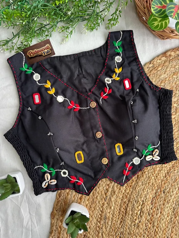 Black_Cotton_Sleeveless_Mirror_Work_Vest_Blouse_For_Women