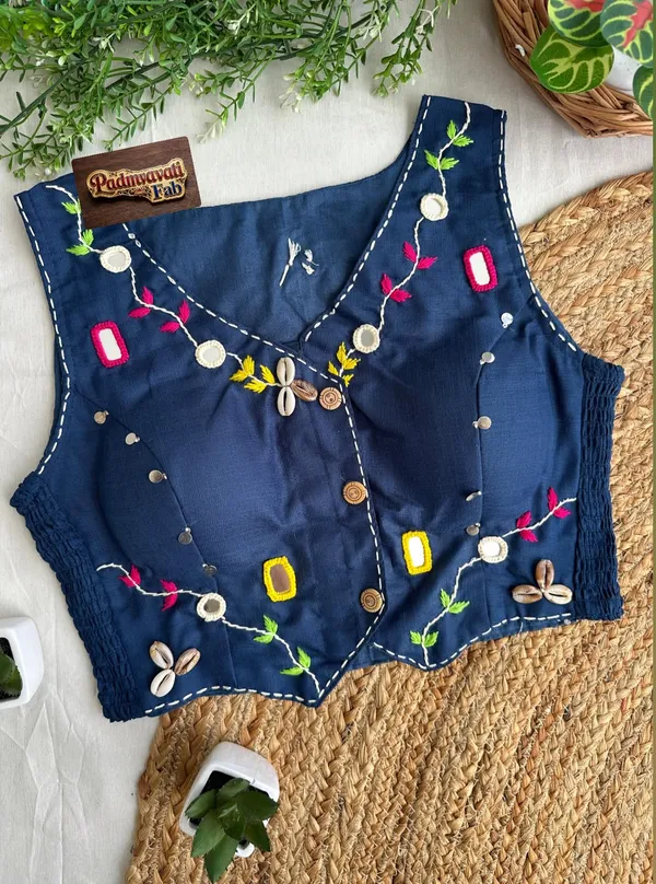 Blue_Cotton_Sleeveless_Mirror_Work_Vest_Blouse_For_Women