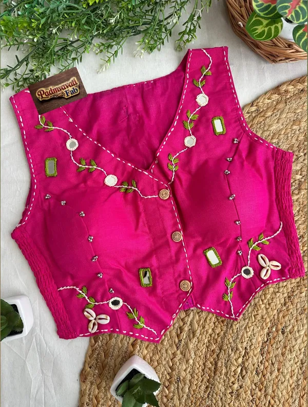 Pink_Cotton_Sleeveless_Mirror_Work_Vest_Blouse_For_Women