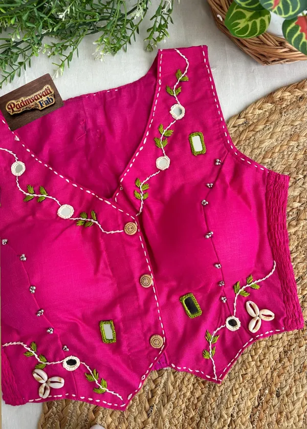 Pink_Cotton_Sleeveless_Mirror_Work_Vest_Blouse_For_Women
