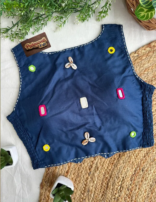 Blue_Cotton_Sleeveless_Mirror_Work_Vest_Blouse_For_Women