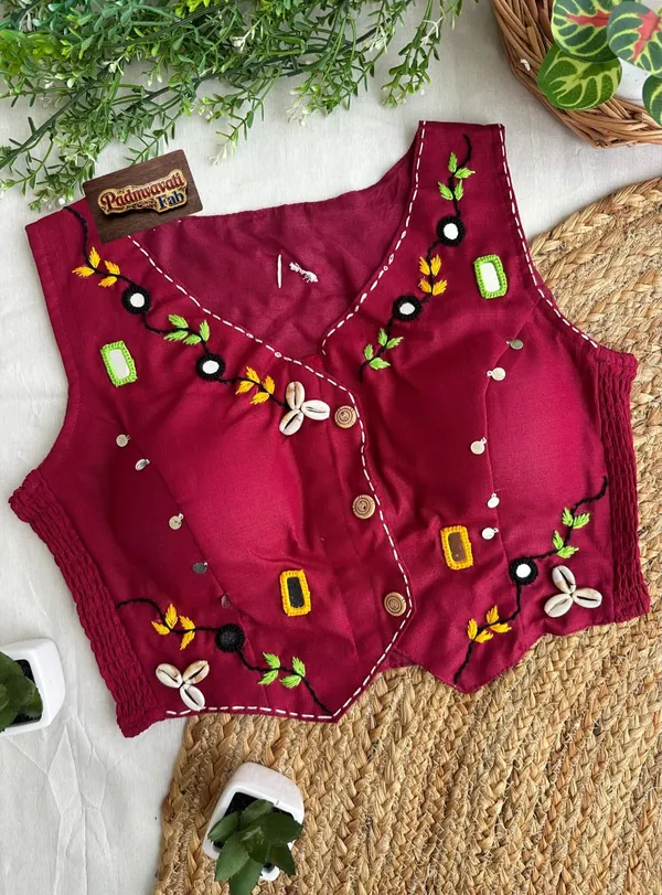 Maroon_Cotton_Sleeveless_Mirror_Work_Vest_Blouse_For_Women