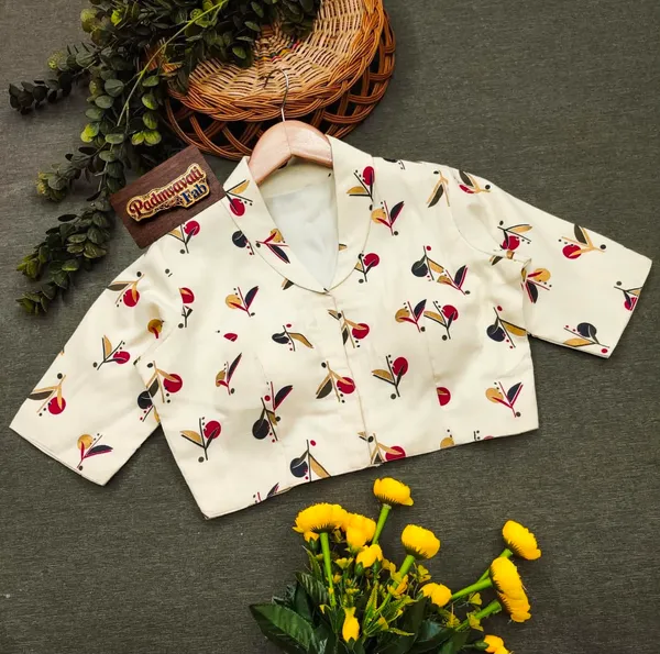 White_Linen-Cotton_Lapel_Collar_Botanical_Print_Blouse_For_Women