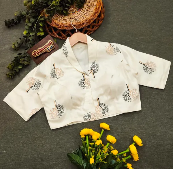 White_Linen-Cotton_Lapel_Collar_Botanical_Print_Blouse_For_Women