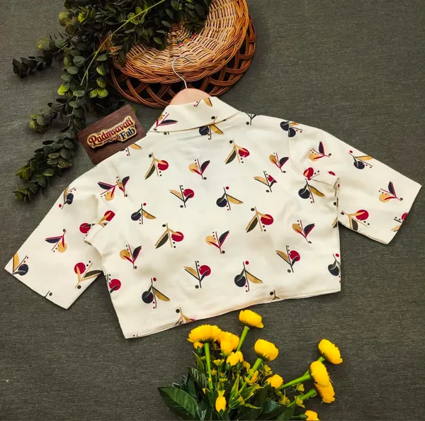 White_Linen-Cotton_Lapel_Collar_Botanical_Print_Blouse_For_Women