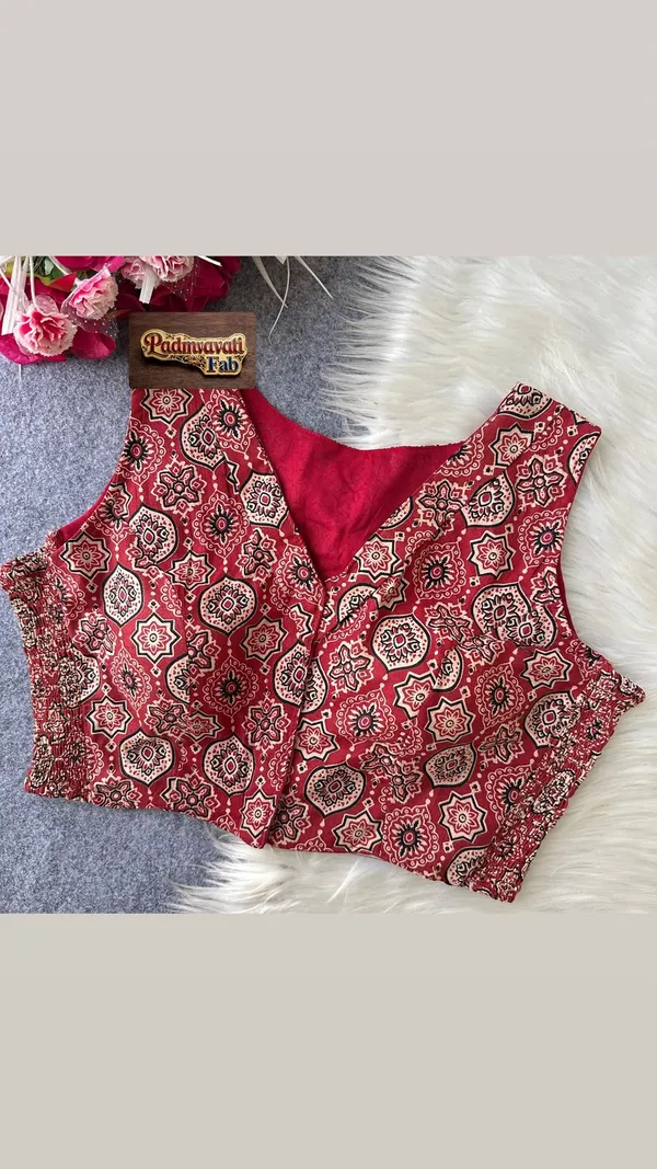 Maroon_Cotton_Ajrakh_Smocked_V-Neck_Blouse_For_Women
