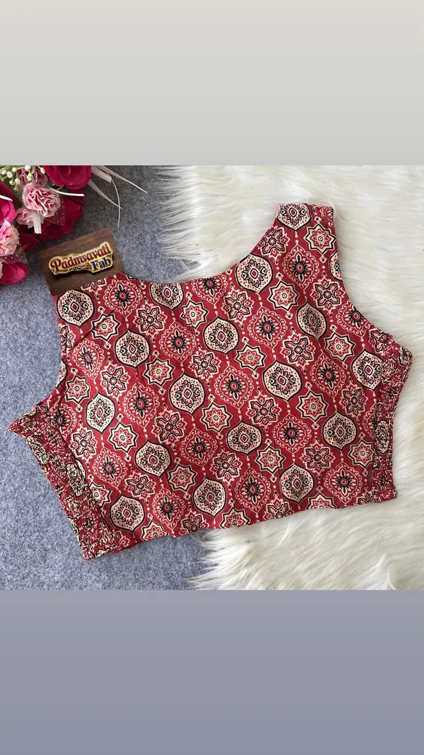 Maroon_Cotton_Ajrakh_Smocked_V-Neck_Blouse_For_Women