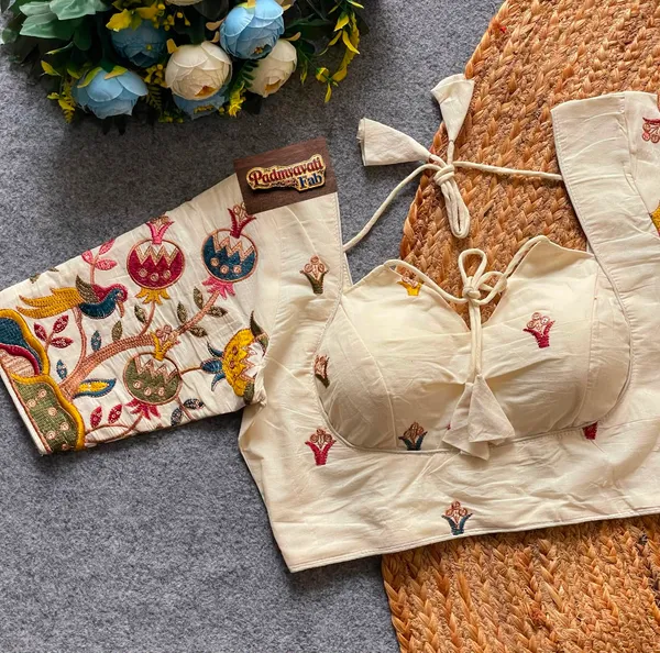 White_Silk_Cotton_Deep-V_Kashmiri_Bloom_Embroidered_Blouse_For_Women