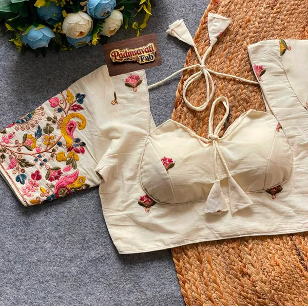 White_Silk_Cotton_Deep-V_Kashmiri_Bloom_Embroidered_Blouse_For_Women