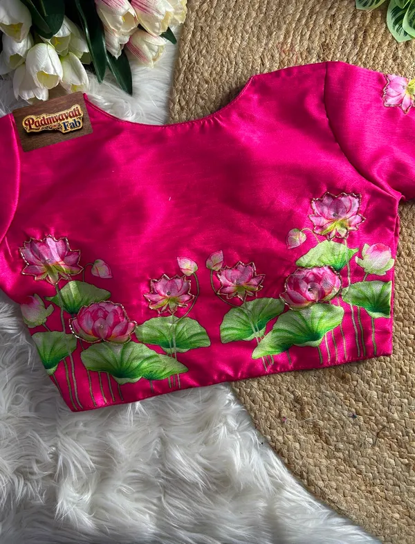 Pink_Silk_Hand-Painted_Lotus_Motif_Blouse_For_Women
