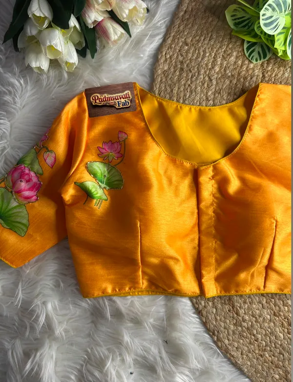 Yellow_Silk_Hand-Painted_Lotus_Motif_Blouse_For_Women