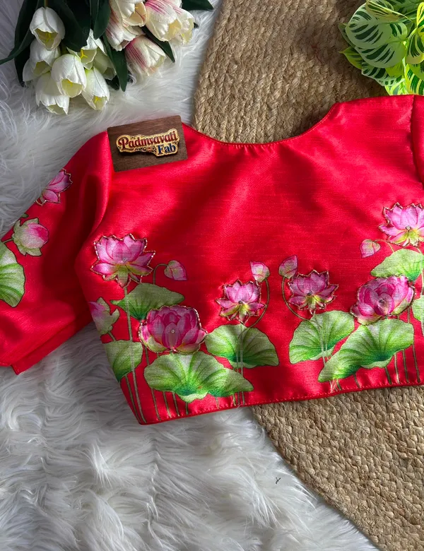 Red_Silk_Hand-Painted_Lotus_Motif_Blouse_For_Women