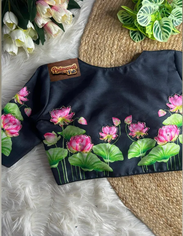 Black_Silk_Hand-Painted_Lotus_Motif_Blouse_For_Women