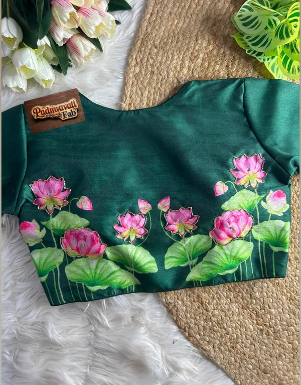 Green_Silk_Hand-Painted_Lotus_Motif_Blouse_For_Women