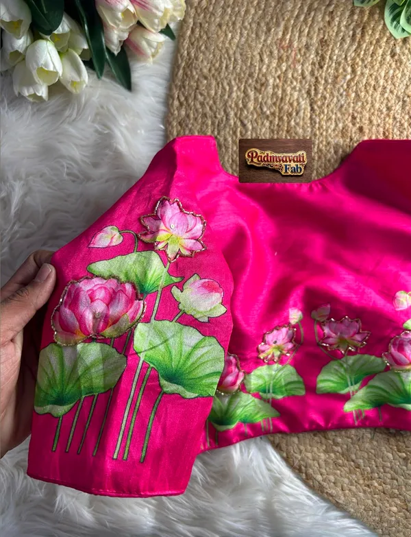 Pink_Silk_Hand-Painted_Lotus_Motif_Blouse_For_Women