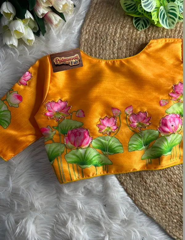 Yellow_Silk_Hand-Painted_Lotus_Motif_Blouse_For_Women