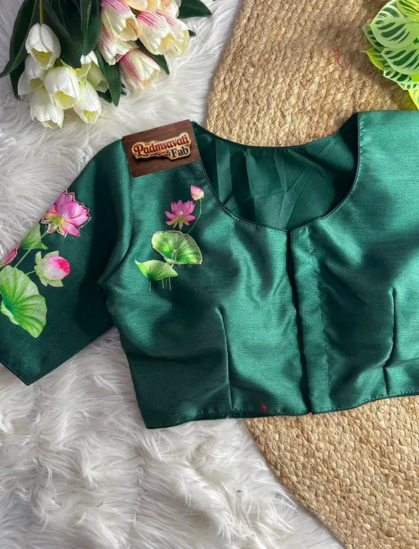 Green_Silk_Hand-Painted_Lotus_Motif_Blouse_For_Women