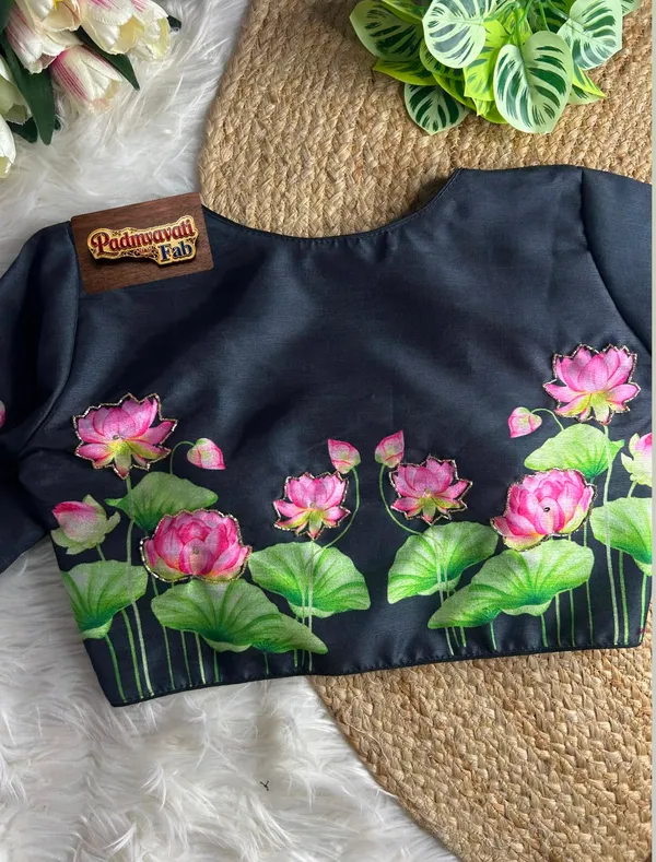 Black_Silk_Hand-Painted_Lotus_Motif_Blouse_For_Women