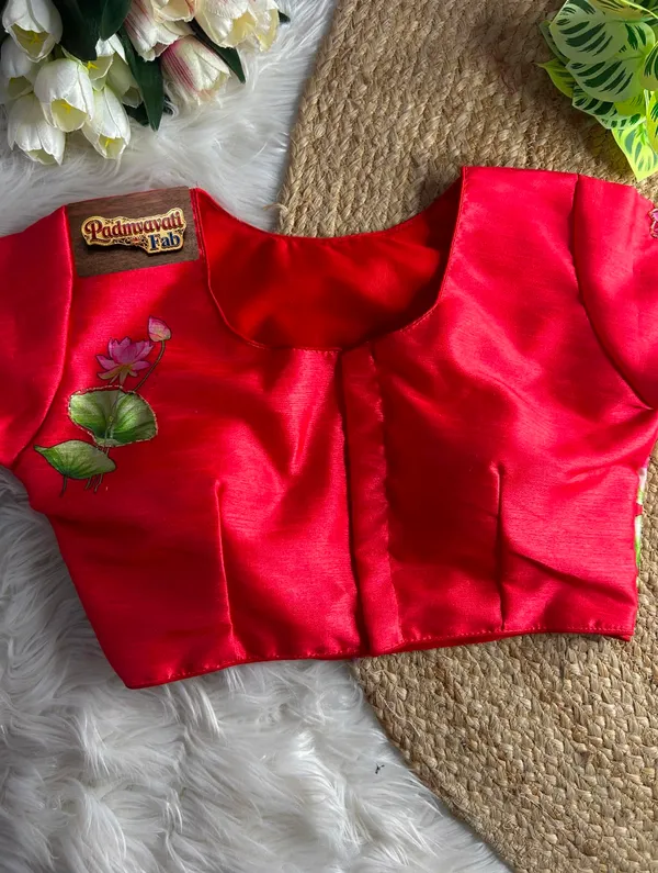 Red_Silk_Hand-Painted_Lotus_Motif_Blouse_For_Women