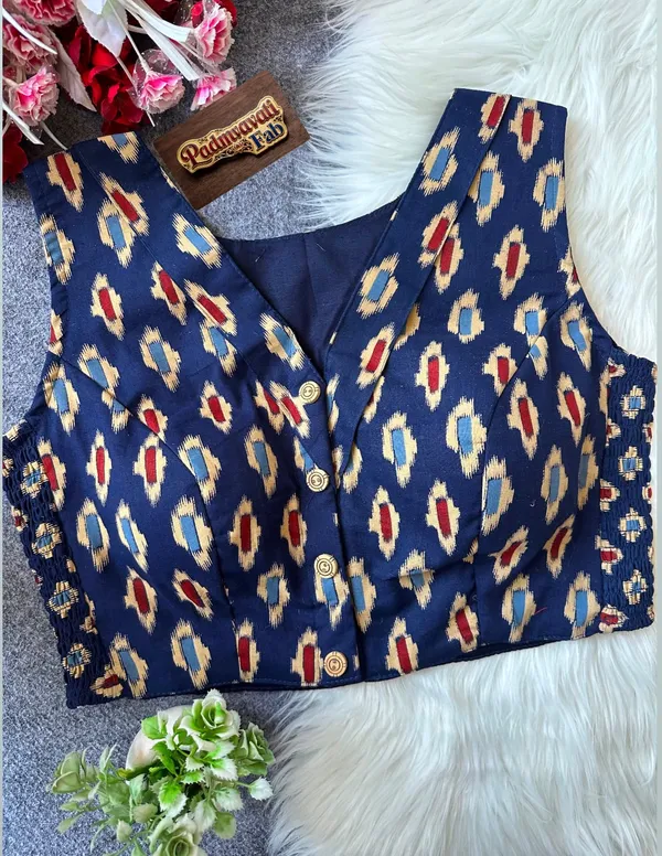 Blue_Cotton_Lycra_Ikat_Print_Stretch-Fit_Blouse_For_Women