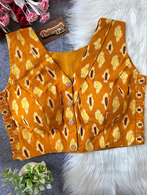 Yellow_Cotton_Lycra_Ikat_Print_Stretch-Fit_Blouse_For_Women