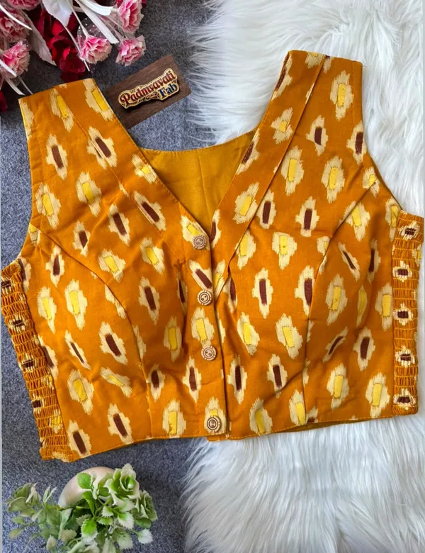 Yellow_Cotton_Lycra_Ikat_Print_Stretch-Fit_Blouse_For_Women