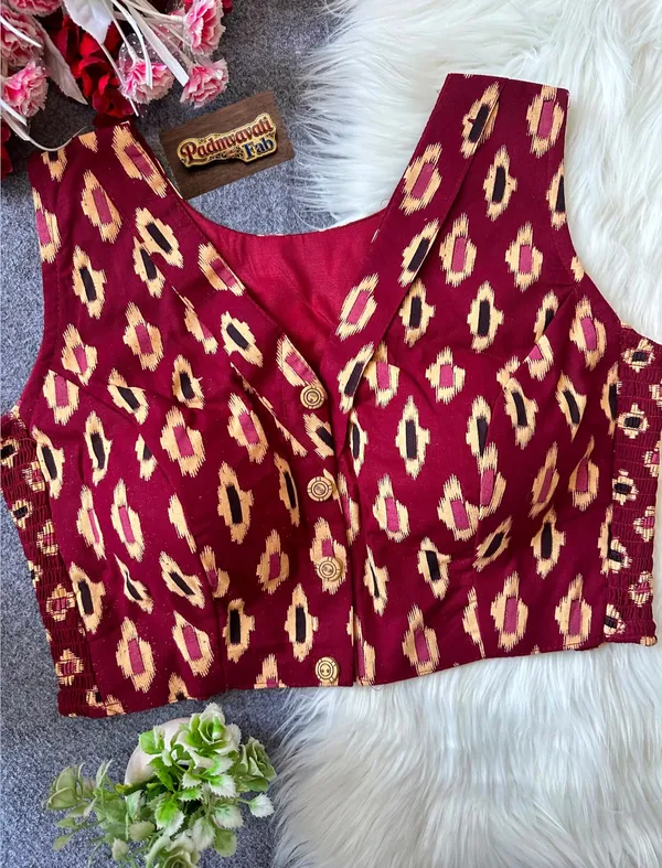 Maroon_Cotton_Lycra_Ikat_Print_Stretch-Fit_Blouse_For_Women