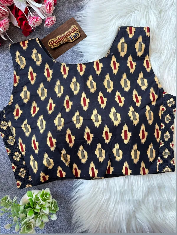 Black_Cotton_Lycra_Ikat_Print_Stretch-Fit_Blouse_For_Women