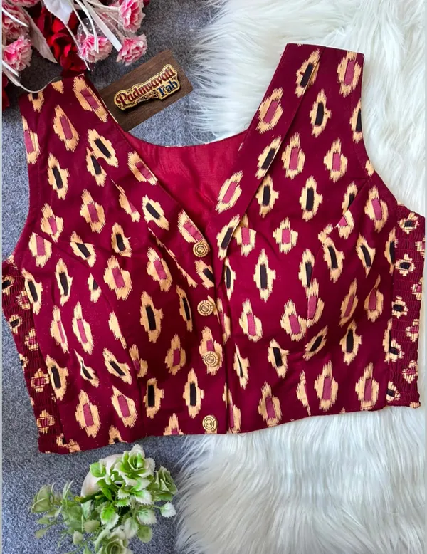 Maroon_Cotton_Lycra_Ikat_Print_Stretch-Fit_Blouse_For_Women