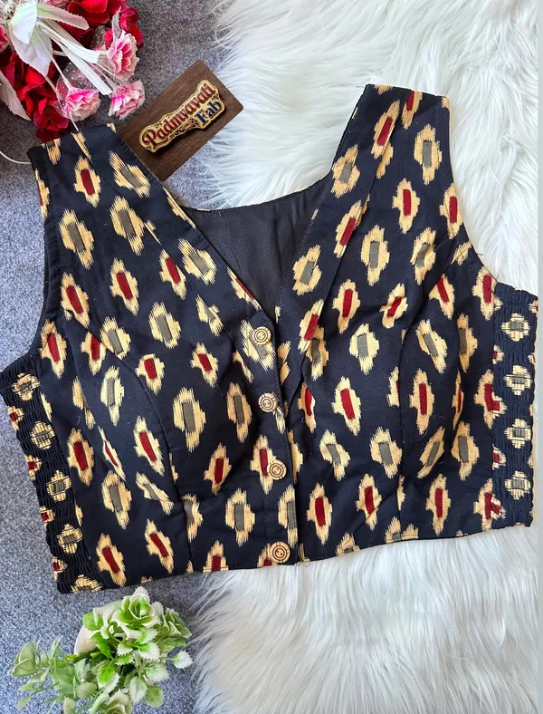 Black_Cotton_Lycra_Ikat_Print_Stretch-Fit_Blouse_For_Women