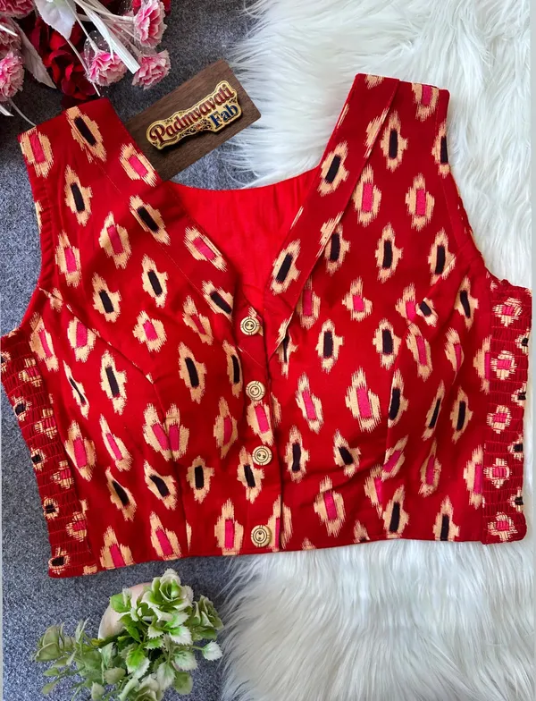 Red_Cotton_Lycra_Ikat_Print_Stretch-Fit_Blouse_For_Women