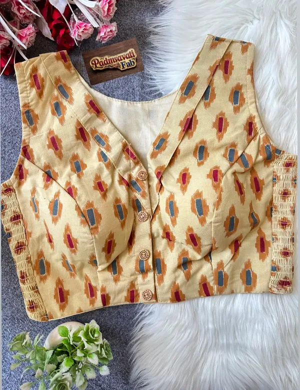 Cream_Cotton_Lycra_Ikat_Print_Stretch-Fit_Blouse_For_Women