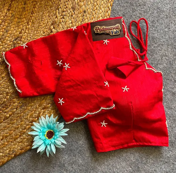 Red_Cotton_Silk_Pearl_Embroidered_Blouse_For_Women